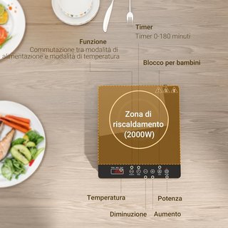 Placa de Inducción con Potencia y Temperatura Regulable con Panel Táctil para Ollas de 12-26 cm, Fogón de Inducción de Plástico y Vidrio, 31X27X4.2 cm, Negro
