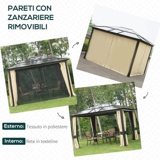 Gazebo Exterior 3X3.6M de Aluminio con Mosquitera y Techo de Policarbonato, Toldo de Jardín de Poliéster