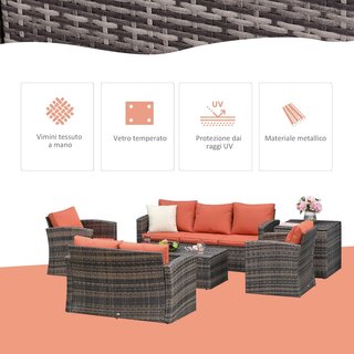Conjunto de Muebles de Jardín de 6 Piezas de Ratan, Salón de Jardín con 2 Mesas de Almacenamiento, Sofás y 2 Sillones Acolchados para 7 Personas, Marrón