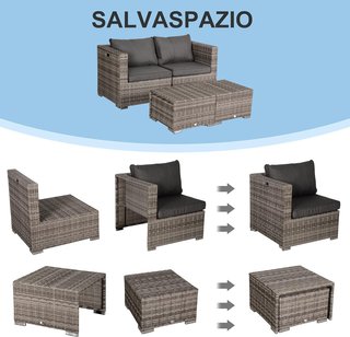 Juego de Sofá de Exterior de 8 Piezas en Rattan PE, Conjunto de Muebles de Jardín Ahorra Espacio con Sillones, Mesas y Puff, Gris