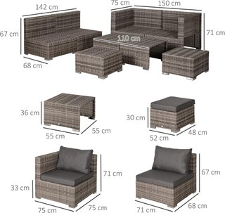 Juego de Sofá de Exterior de 8 Piezas en Rattan PE, Conjunto de Muebles de Jardín Ahorra Espacio con Sillones, Mesas y Puff, Gris