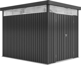 Caseta De Jardín 4.9M² en Acero Galvanizado Con Orificios De Drenaje Y Ventanas Transparentes De Acrílico, Cobertizo Para Herramientas Con Techo, Puerta Bloqueable Con Llaves Y Guantes, Gris Oscuro