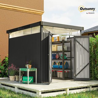 Caseta De Jardín 4.9M² en Acero Galvanizado Con Orificios De Drenaje Y Ventanas Transparentes De Acrílico, Cobertizo Para Herramientas Con Techo, Puerta Bloqueable Con Llaves Y Guantes, Gris Oscuro