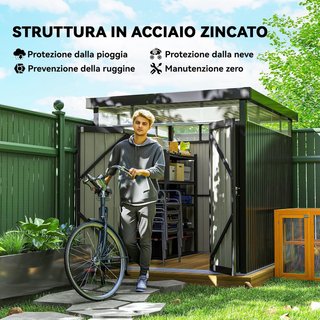 Caseta De Jardín 4.9M² en Acero Galvanizado Con Orificios De Drenaje Y Ventanas Transparentes De Acrílico, Cobertizo Para Herramientas Con Techo, Puerta Bloqueable Con Llaves Y Guantes, Gris Oscuro