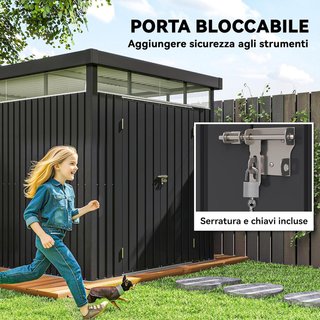 Caseta De Jardín 4.9M² en Acero Galvanizado Con Orificios De Drenaje Y Ventanas Transparentes De Acrílico, Cobertizo Para Herramientas Con Techo, Puerta Bloqueable Con Llaves Y Guantes, Gris Oscuro