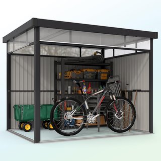 Caseta De Jardín 4.9M² en Acero Galvanizado Con Orificios De Drenaje Y Ventanas Transparentes De Acrílico, Cobertizo Para Herramientas Con Techo, Puerta Bloqueable Con Llaves Y Guantes, Gris Oscuro