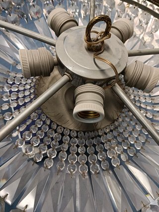 Lampara de techo, circular, 5 focos, araña de cristal y bronce estilo antiguo