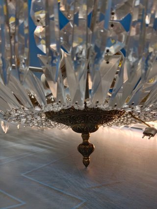 Lampara de techo, circular, 5 focos, araña de cristal y bronce estilo antiguo