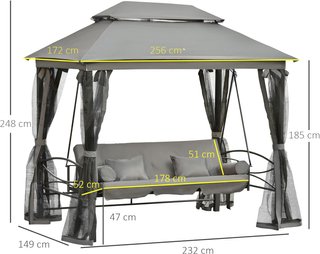 Columpio de 3 Plazas y Cama Individual con Cubierta de Gazebo, Mosquitera y Cojines 256X172X248Cm Gris Oscuro