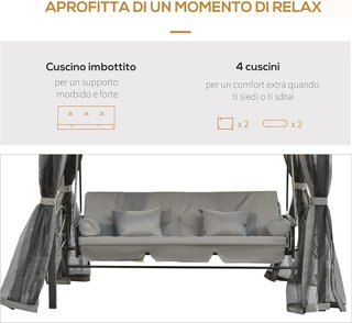 Columpio de 3 Plazas y Cama Individual con Cubierta de Gazebo, Mosquitera y Cojines 256X172X248Cm Gris Oscuro
