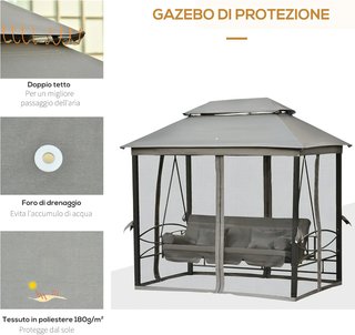 Columpio de 3 Plazas y Cama Individual con Cubierta de Gazebo, Mosquitera y Cojines 256X172X248Cm Gris Oscuro