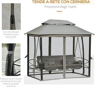 Columpio de 3 Plazas y Cama Individual con Cubierta de Gazebo, Mosquitera y Cojines 256X172X248Cm Gris Oscuro
