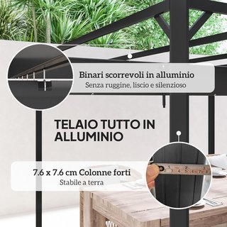 Gazebo Pergola 3X3 M Con Tenda a Rullo Protectora, Orificios de Drenaje, Estacas y Tornillos, Pergolado de Jardín en Poliéster y Aluminio, para Patio, Terraza, Exterior, Gris Oscuro