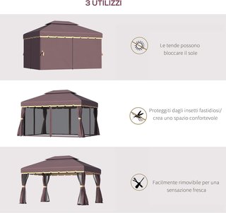 Gazebo De Jardín 3.9X2.9M en Aluminio Con Techo Doble, Mosquitera y Lados, Color Café