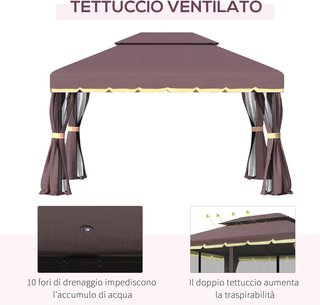 Gazebo De Jardín 3.9X2.9M en Aluminio Con Techo Doble, Mosquitera y Lados, Color Café
