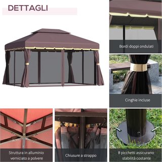 Gazebo De Jardín 3.9X2.9M en Aluminio Con Techo Doble, Mosquitera y Lados, Color Café