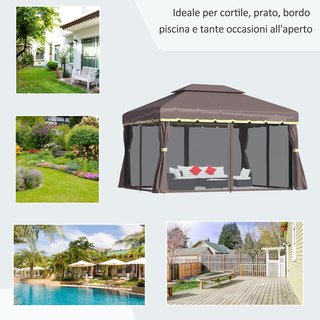 Gazebo De Jardín 3.9X2.9M en Aluminio Con Techo Doble, Mosquitera y Lados, Color Café
