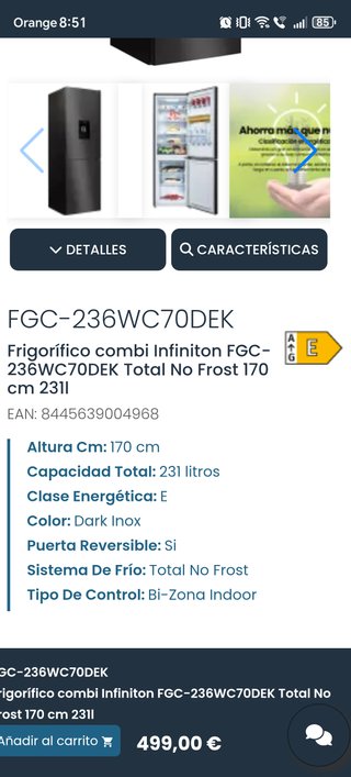 Nevera Frigorífico Infiniton FGC-236WC70DEK