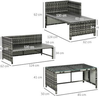 Conjunto De Jardín Con Sofá De 2 Plazas, Chaise Longue Y Mesa, Conjunto De Jardín De Rattan PE Y Vidrio Con Cojines, Gris