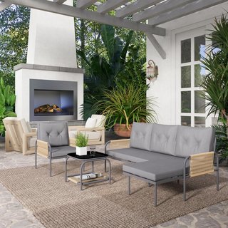 Conjunto De Muebles De Jardín De Rattan 4 Piezas, Sofá De Exterior Con Asiento Para 2 Personas, Sillón, Chaise Longue Con Cojines Lavables Y Mesa De Vidrio, Conjunto De Jardín Exterior, Gris Oscuro