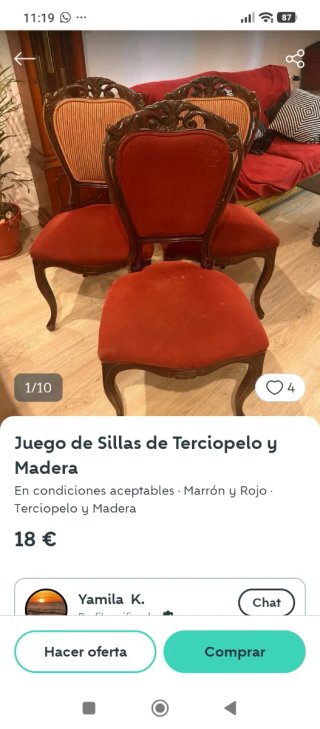 Juego 4 Sillas Terciopelo y Madera