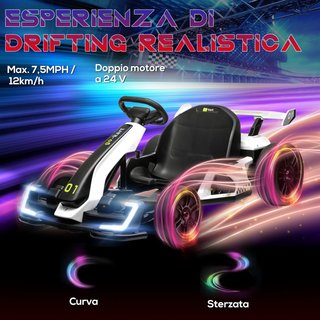 Go Kart Eléctrico para Niños de 6-12 Años 24V 6-12Km/H Con Asiento Regulable, 2 Motores, Drift Go-Kart Con Claxon, Luces Y Música, Blanco