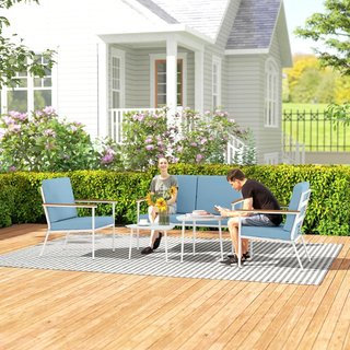 Juego de Sofá de Jardín de 5 Piezas, Con Sofá de Exterior de 2 Plazas, 2 Sillones, 2 Mesas de Café Con Tapa de Vidrio y Cojines Desmontables, Juego de Muebles para Terraza y Patio, Azul