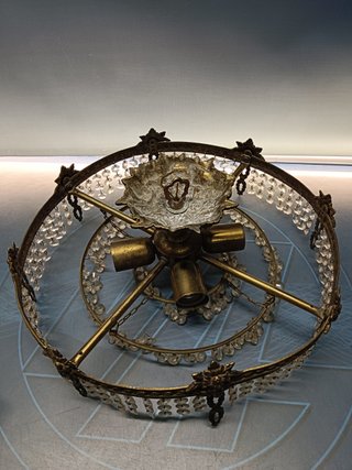 Lámpara de techo, redonda, 4 focos, mid century, bronce, lagrimas de cristal