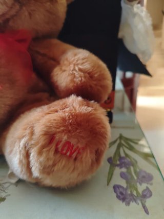 Oso de peluche marrón con lazo rojo
