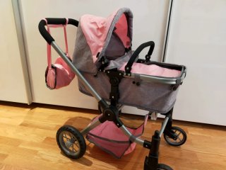 Silla 2 en 1 de juguete para muñecas rosa y gris