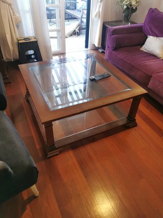 Mesa centro cuadrada 1m madera y cristal,
