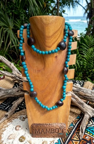 Collar largo étnico Mambo azul y marrón necklace