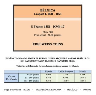 BÉLGICA - 5 francs 1851 KM# 17 moneda de plata