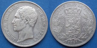 BÉLGICA - 5 francs 1851 KM# 17 moneda de plata