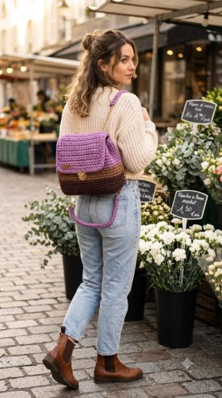 Mochila Bolso Crochet Tricolor Hecha a Mano