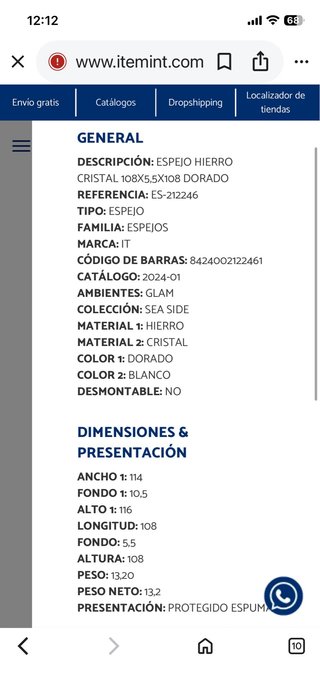 Espejo pared hierro-cristal dorado nuevo