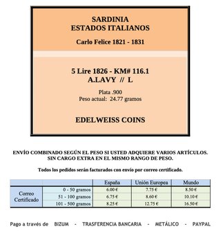 SARDINIA  - 5 lire 1826 KM# 116 moneda de plata