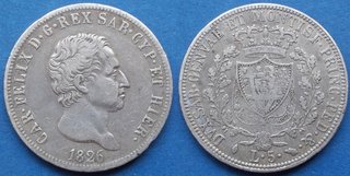 SARDINIA  - 5 lire 1826 KM# 116 moneda de plata