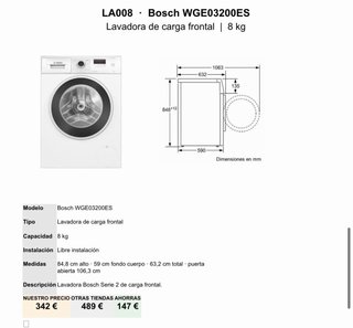 Lavadora Bosch WGE03200ES Carga Frontal 8 kg