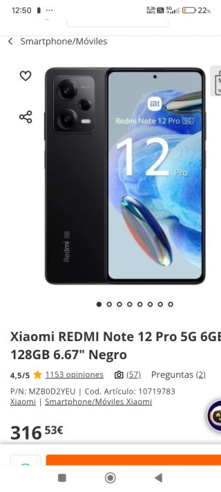 Xiaomi Redmi Note 12 Pro 5G 256GB Negro