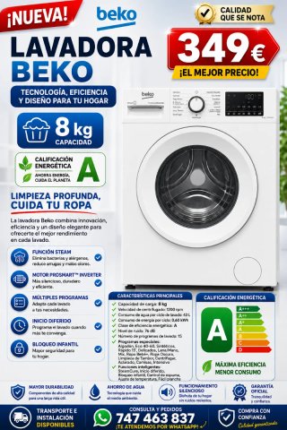 Lavadora Beko 8kg Clase A