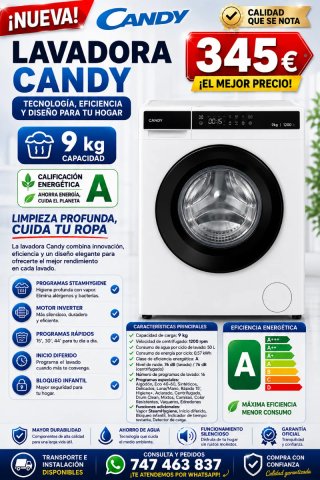 Lavadora Candy 9kg - Eficiencia Energética A