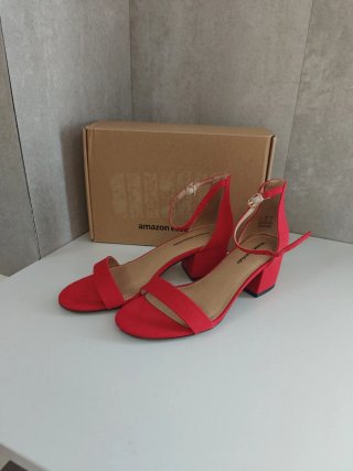 Sandalia de Tacón Ancho de Dos Tiras Roja T 37