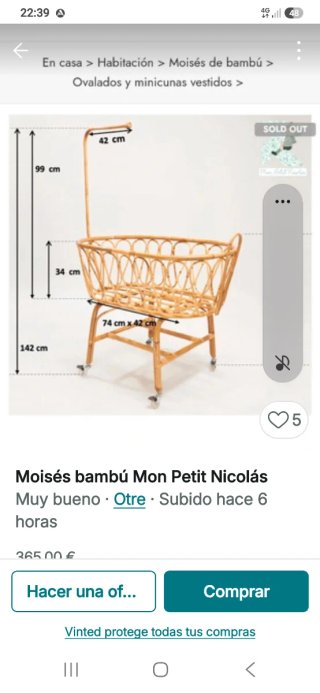 Moisés de caña bambu con ruedas para bebé