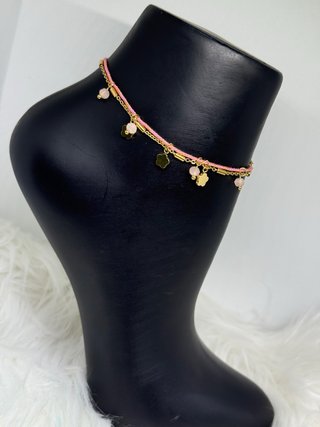 Tobillera Acero Inoxidable Flores y Perlas Rosas