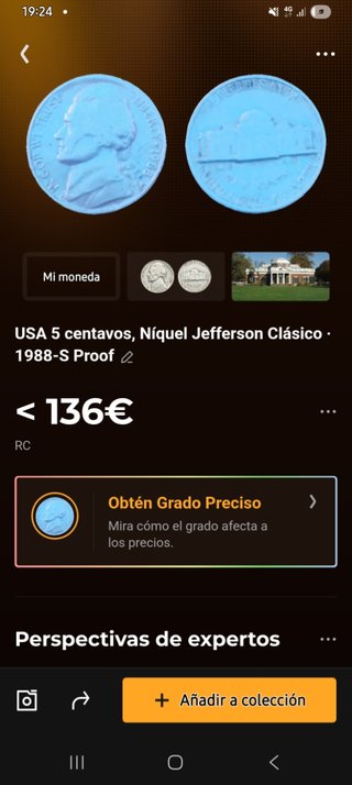 Moneda USA 5 centavos Jefferson 1988-S Proof