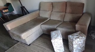Sofá Chaiselongue 3 Plazas Tela Beige/Marrón