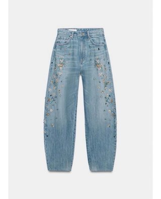 JEANS BARREL DENIM TRF TIRO ALTO BORDADOS