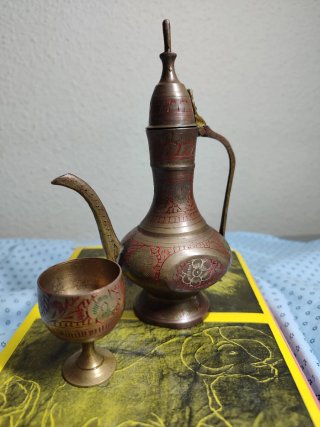 Jarra y Copa Bronce Indio Grabado Mini