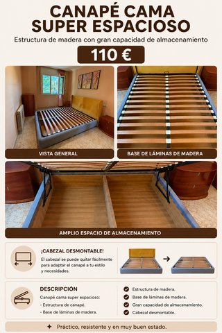 Canapé Cama Madera Gran Almacenamiento